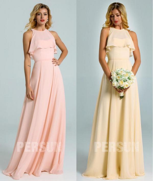 robe longue rose & jaune pastel haut volants pour mariage d'été